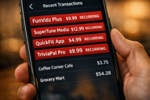 A smartphone bank statement showing multiple small recurring subscription charges that the account holder didn't knowingly sign up for.
