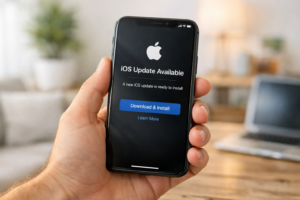 A smartphone displaying a software update notification, representing how outdated software causes phones to get so hot.