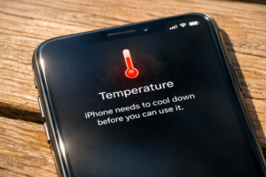 A smartphone displaying an overheating temperature warning message, illustrating why phones get so hot and shut down automatically.