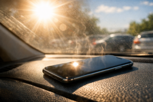 A smartphone left on a hot car dashboard in direct sunlight — one of the most common and damaging causes of phone overheating.