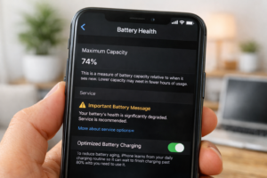 A smartphone screen showing a battery health reading below 80%, representing a degraded battery as a common cause of phone overheating.