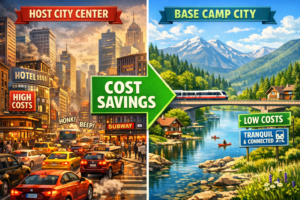 A visual comparison of the 2026 World Cup Base Camp Strategy showing cost differences between host and satellite cities.