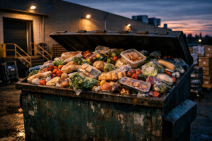 A supermarket dumpster full of discarded food representing the significant food waste generated at the retail and commercial level.