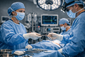 A surgical tech passing instruments to a surgeon during a live operation in a hospital operating room.