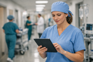 A surgical tech reviewing patient case information on a tablet in a hospital corridor, representing the professional day-to-day reality of the career.