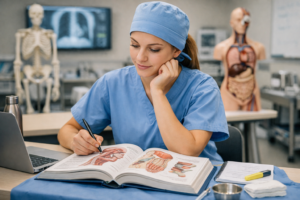 A surgical technology student studying anatomy and clinical procedures as part of their training to become a certified surgical tech.