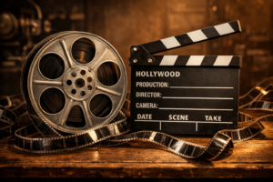 A vintage film reel and clapperboard representing the golden age of classic cinema.