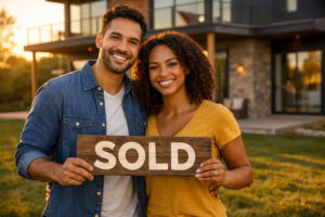 A happy couple celebrating their first home purchase with a sold sign.