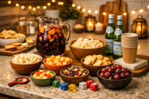 A well-stocked game night snack station with finger foods, drinks, and easy grazing options for adults.