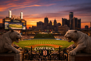A beautiful sunset view of Comerica Park, the home of the Detroit Tigers.