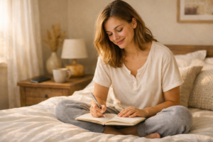 A woman journaling and experiencing mental clarity as a benefit of her digital detox.