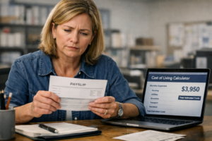 A worker reviewing their payslip with concern, representing the gap between wage growth and rising cost of living pressures.