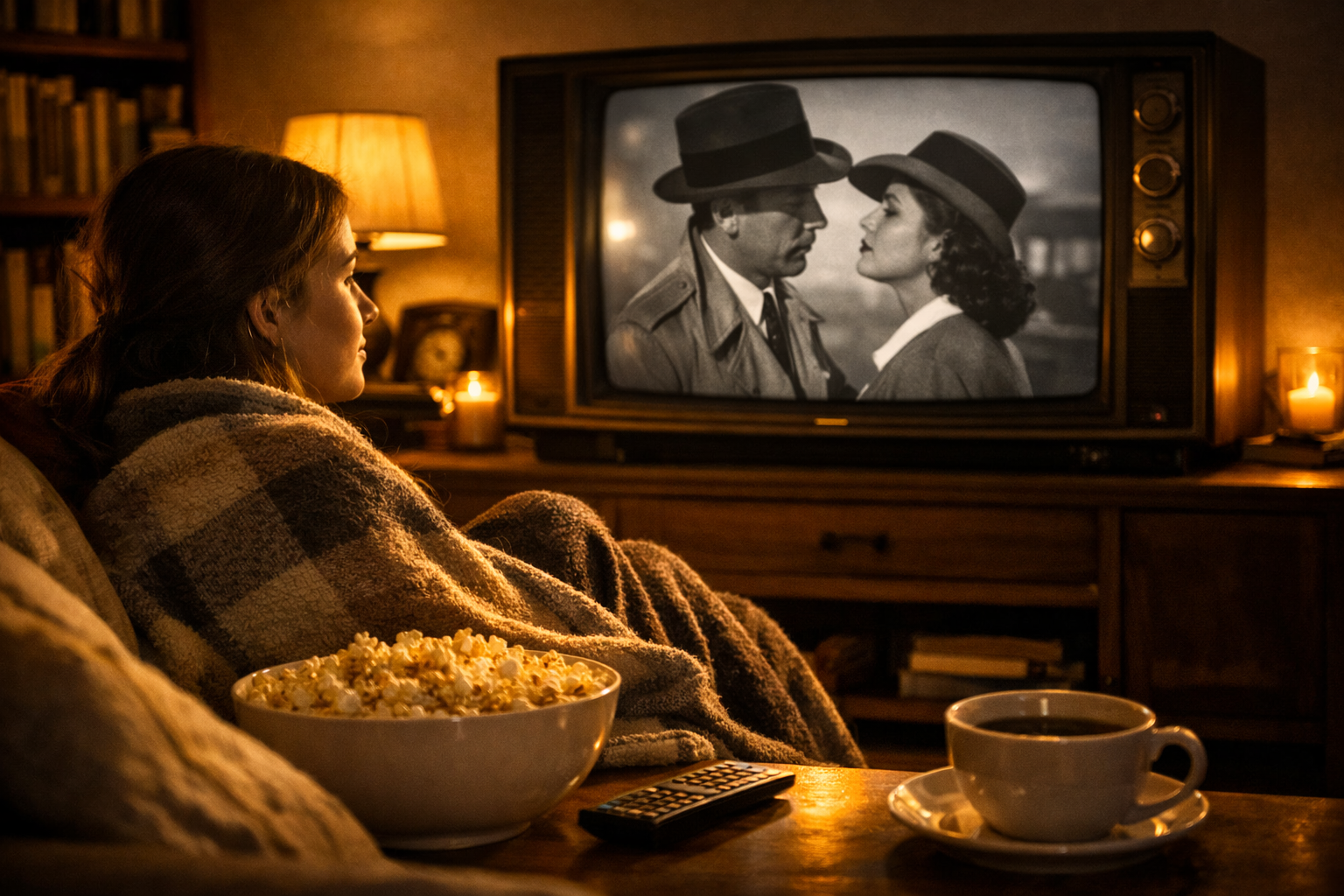 A young woman discovering how to start watching classic movies on a cozy evening at home.