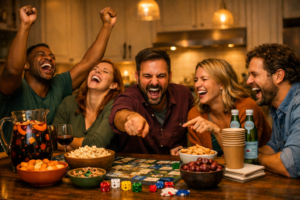 Adults laughing and celebrating a winning moment during a lively and well-hosted game night at home.