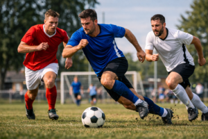 Amateur footballers competing in a match, illustrating the aerobic and anaerobic fitness demands that players need to get match fit for football.