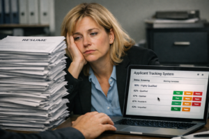 An HR manager overwhelmed by a stack of resumes representing how hard it is to get noticed when finding a job right now.