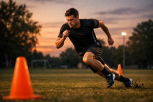 An amateur footballer performing sprint drills at a local park after work, training to get match fit for football on a busy schedule.