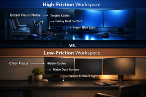 An infographic comparing a high-friction workspace to one optimized via a Sensory Gating Home Audit.