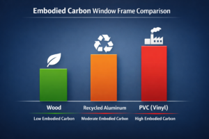 An embodied carbon comparison infographic for window frame materials as part of the Household Embodied Carbon Calculator 2026 audit.
