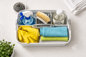 An organized cleaning caddy with essential supplies for cleaning a house quickly and efficiently.