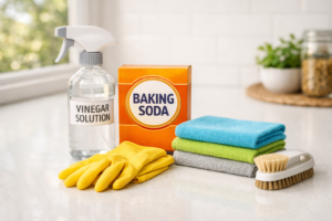 Essential cleaning tools and natural supplies including microfiber cloths, vinegar, and baking soda for quick house cleaning.
