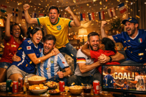 Friends from different countries watching the 2026 FIFA World Cup together, representing global football fandom.