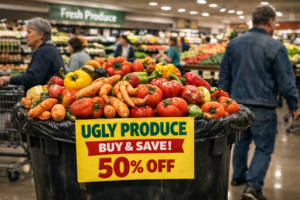 Misshapen vegetables in a supermarket discount bin representing the cosmetic standards that contribute to large-scale food waste.