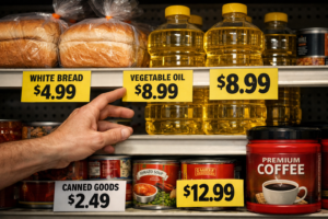 Supermarket shelves with rising prices on everyday goods as a direct result of trade war tariffs affecting consumers.