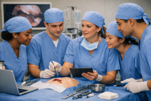 Surgical technology students practicing clinical skills in a simulation lab, representing the training environment for aspiring surgical techs.
