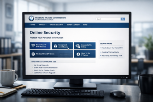 The FTC consumer advice website displayed on a monitor, providing official public WiFi safety guidance.