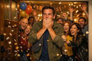 The perfect surprise party reveal moment — guest of honor shocked and delighted as friends and family shout surprise in a decorated room.