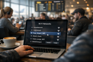 Travelers using public WiFi at an airport, one of the most common and risky hotspot locations.