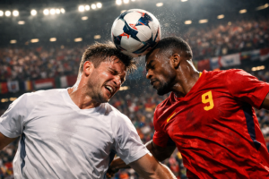 Two players competing in a tense 2026 World Cup knockout match representing the new Round of 32.