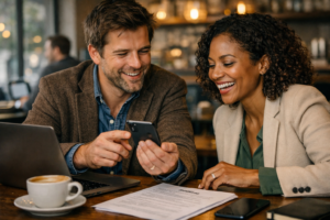 Two professionals networking in a café, representing the human-connection approach that is successfully helping people find jobs right now.
