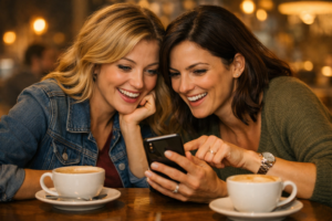 Two trusted friends quietly planning a surprise party together at a café, representing the importance of a small, trusted planning team.