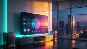 A breathtaking architectural rendering of a modern smart home interface displaying a futuristic, net-zero digital entertainment hub dashboard.