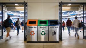 A clean public recycling station positioned outside a stadium deck entrance with prominent recycling logos encouraging crowd sorting.