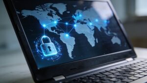 A close-up of a secure laptop showing digital global connections and network protection graphics.