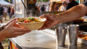A close-up view of eco-friendly festival catering operations utilizing compostable bamboo containers and reusable aluminum drink cups.
