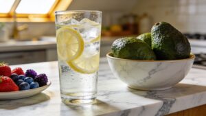 A close-up view of fresh morning hydration options and nutrient-dense whole foods resting on a clean kitchen counter.