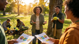 A community group working together outdoors, representing the collective action and human connection that helps people cope with a world that feels more dangerous and uncertain.