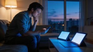 A consumer navigating a dense sea of digital information and media alerts on multiple screens.