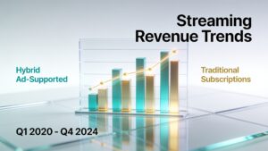 A crisp corporate infographic displaying financial bar charts that track the steady rise of hybrid AVOD and SVOD revenues.