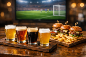 A delicious spread of craft beer and gourmet pub food prepared for a sports match.