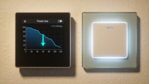 A digital energy monitoring interface tracking live electrical consumption and household utility savings on a clean wall.