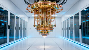 A high-end commercial quantum computing core inside a temperature-controlled server room.