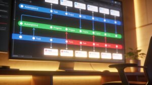 A high-resolution monitor showing clear project timelines and automated workflow dashboards.