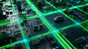 A highly detailed engineering blueprint showing decentralized edge computing nodes surrounding a modern smart city sector