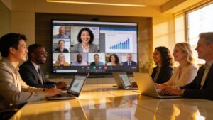 A large screen displaying an interactive global team meeting with diverse professionals collaborating remotely.