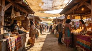 A lively festival marketplace showcasing independent local artisans selling eco-friendly products inside sustainable wooden vendor stalls.